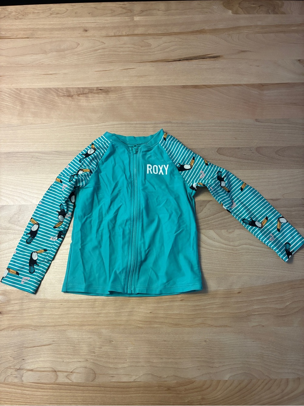 Roxy Teal Girls' Long-Sleeve Zip Rashguard with Toucan Stripe Sleeves